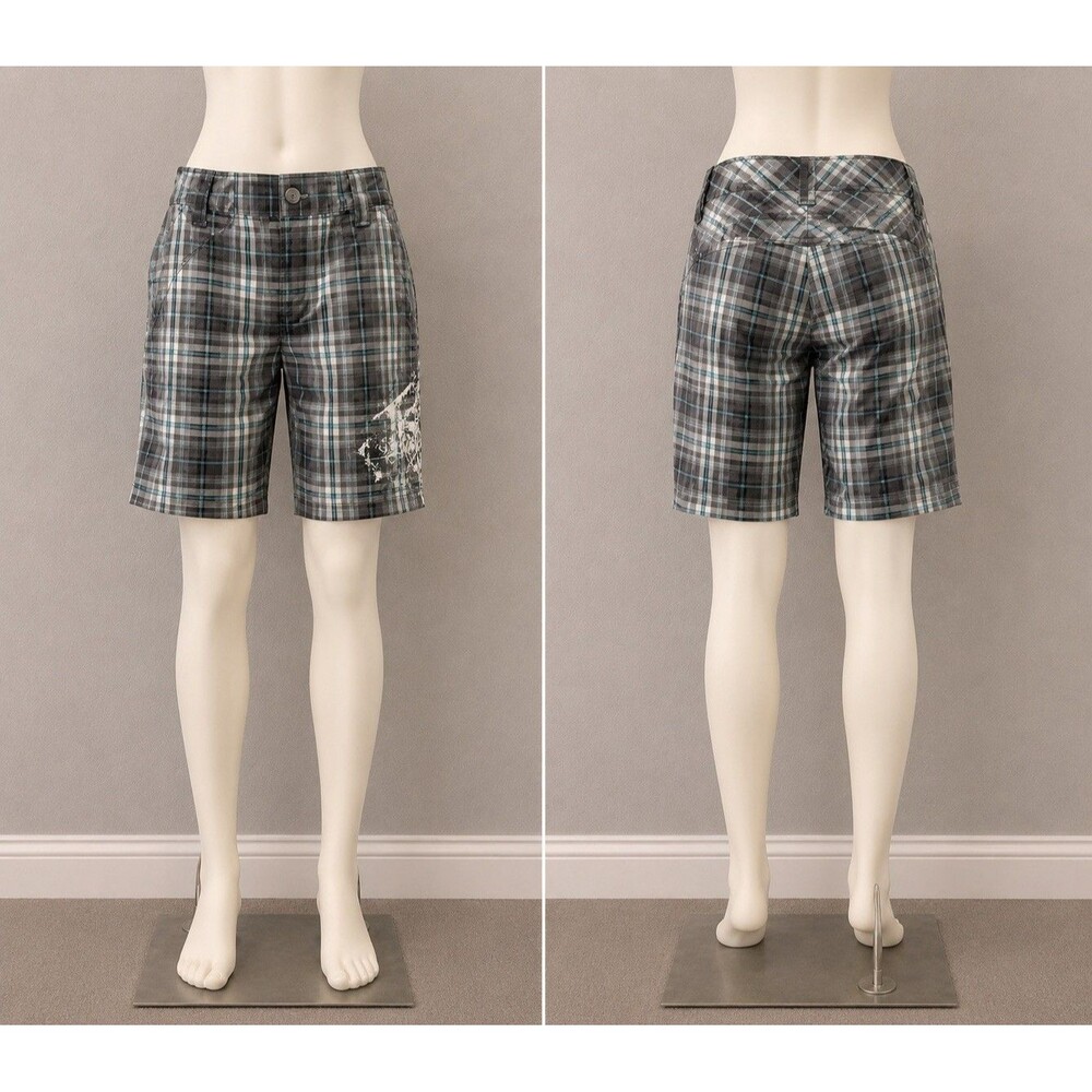 Fox Racing Women’s Plaid Bermuda Shorts Large Gray Blue Stretch Y2K Moto